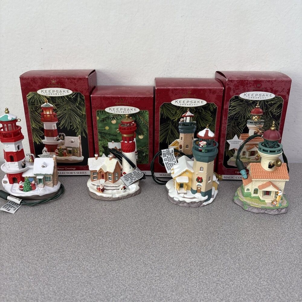 Vintage Hallmark Keepsake Lighthouse Magic Series Ornaments Lot Of 4 Lights Work